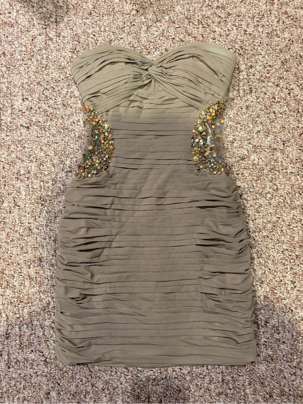 Jovani Strapless Taupe Cocktail Dress with Gemmed Side Insets
